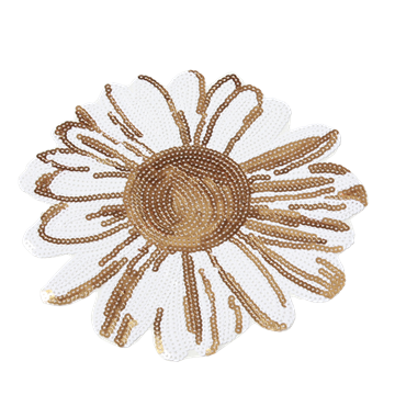 Strygemaerke palliet blomst 24x23 cm hvid guld